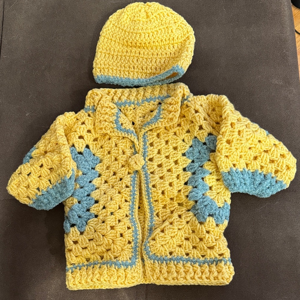 Handmade Yellow and Blue Crochet Baby Set